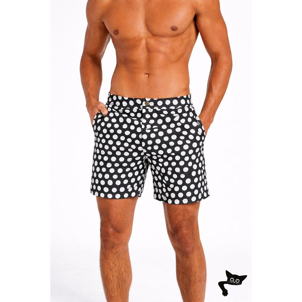 Argyle Grant Polka Dot Swim Shorts Black White Men US 34
